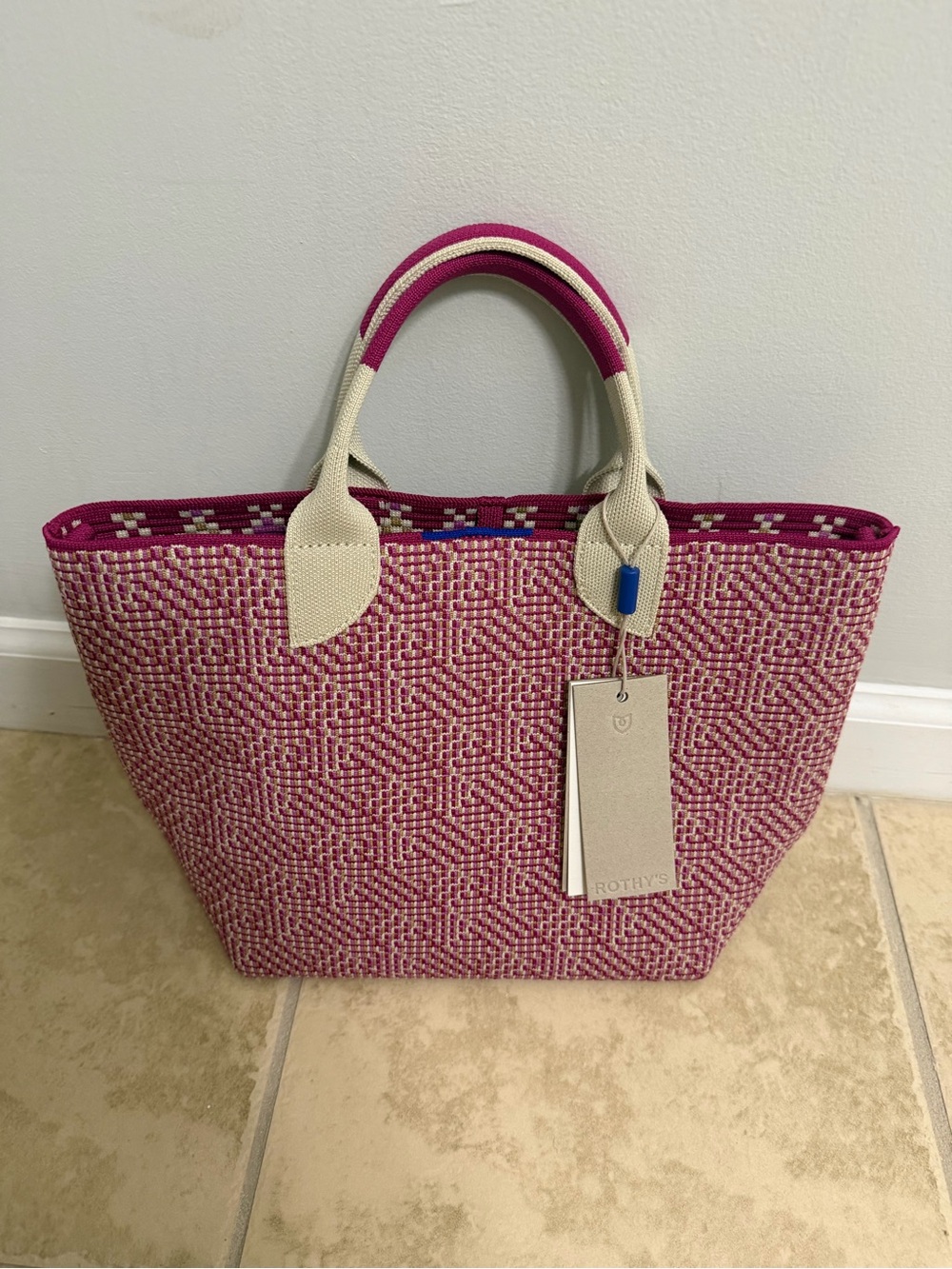 NWT Rothy's Pink and Cream Woven Tote with Striped Strap